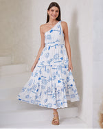 Iris Maxi One Shoulder Maxi in White and Blue Print