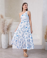 Iris Maxi One Shoulder Maxi in White and Blue Print