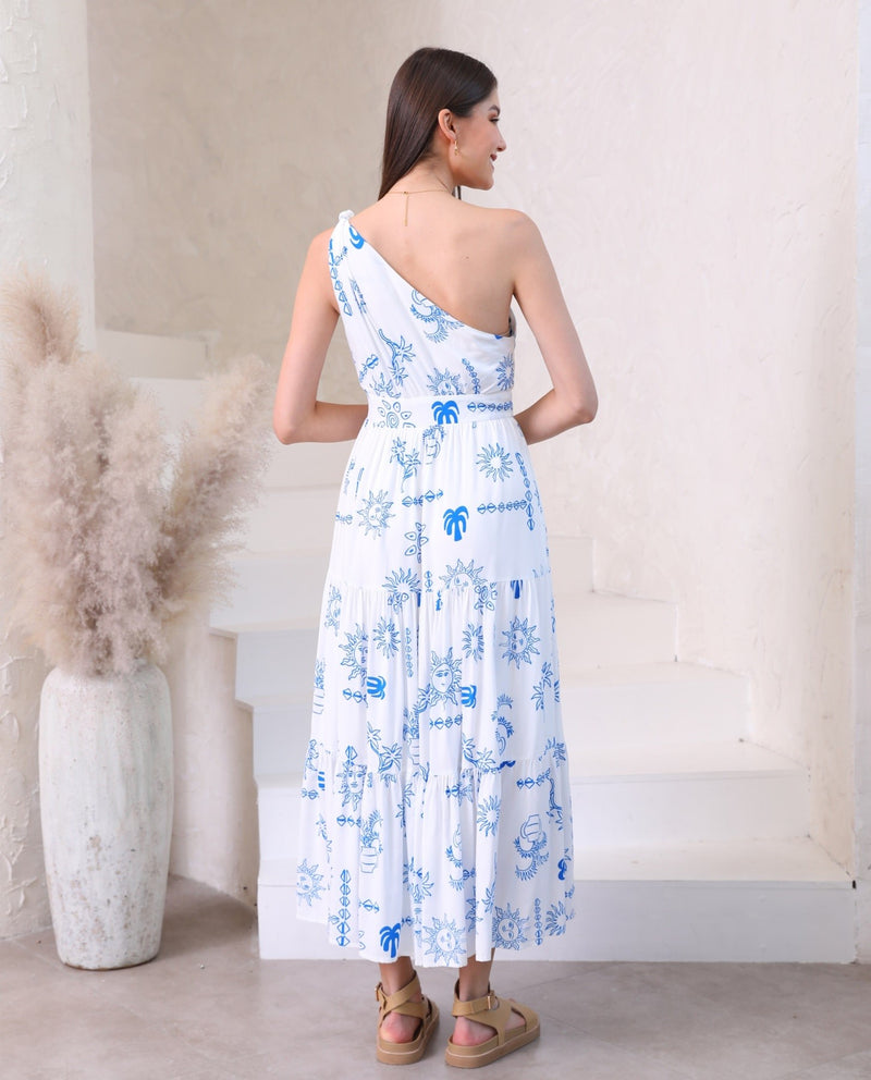 Iris Maxi One Shoulder Maxi in White and Blue Print