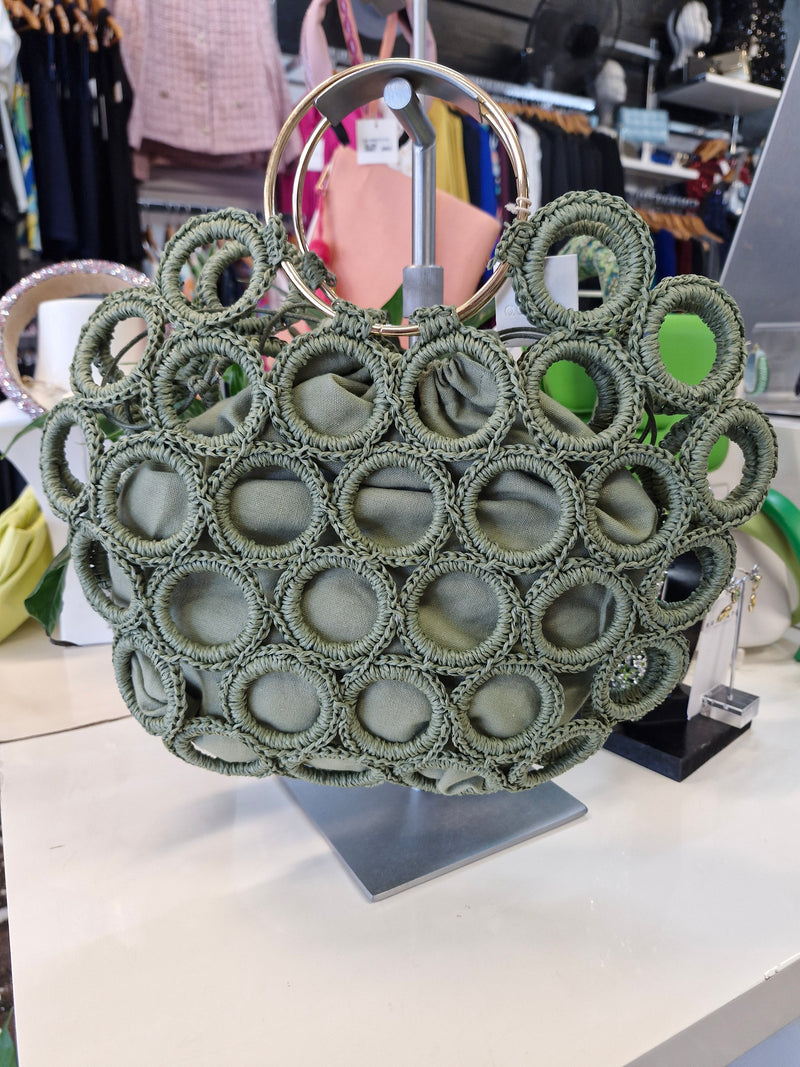 Adorne Posie Crochet Rings Bag in Khaki AVD1876