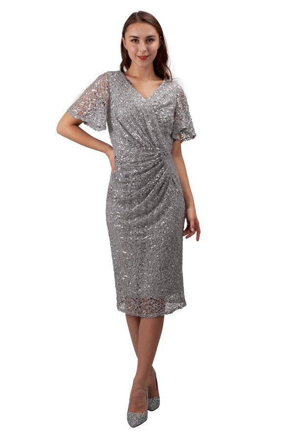 Miss Anne Sequin Lace Cocktail Dress in Silver