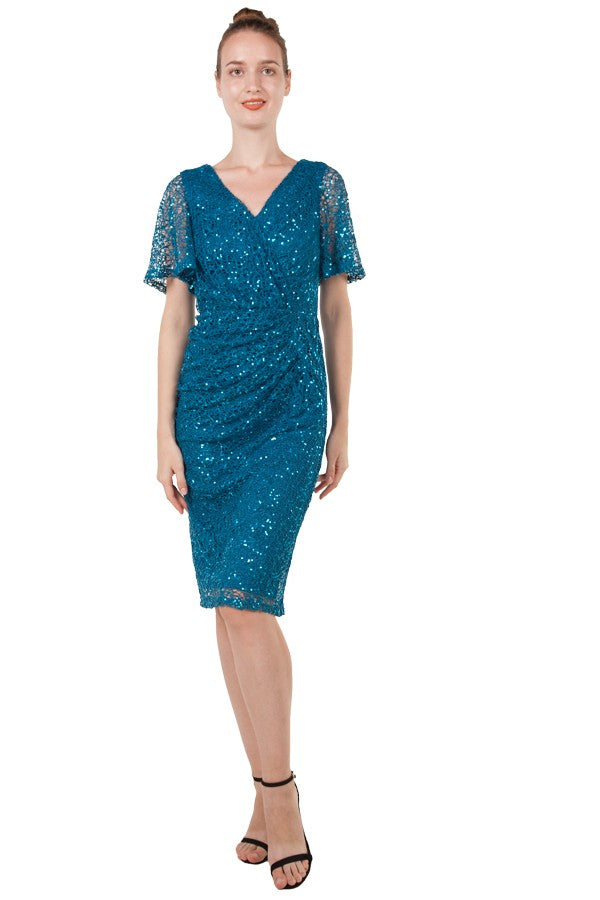 Miss Anne Sequin Lace Cocktail Dress in Teal