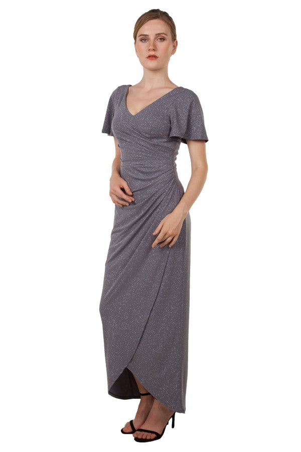 Anissa Glitter Knit Faux Wrap Gown in Silver or Red