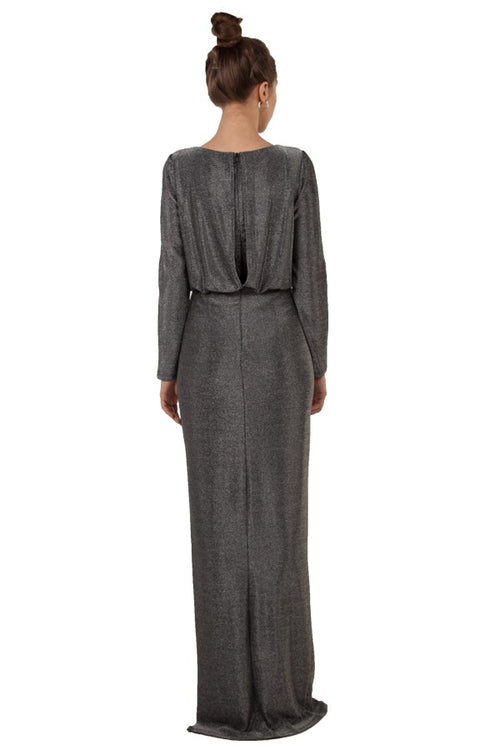 Miss Anne Long Sleeved Lurex Gown in Silver