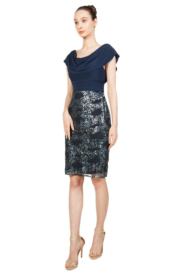 Miss Anne Sequin Skirt Cowl Neckline Dress