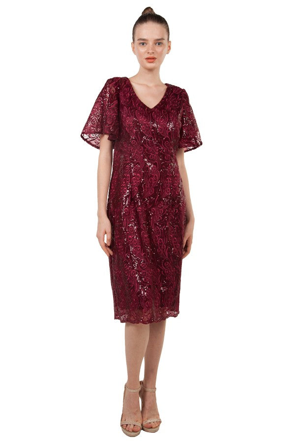 Miss Anne Lace and Sequin Cocktail Dress in Wine