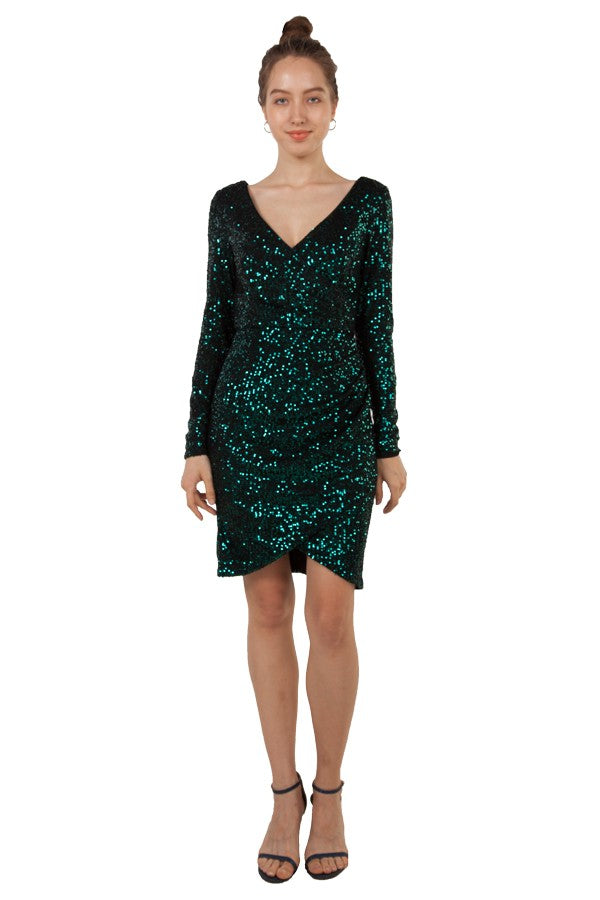 Miss Anne Sequin Sleeved Dress in Emerald