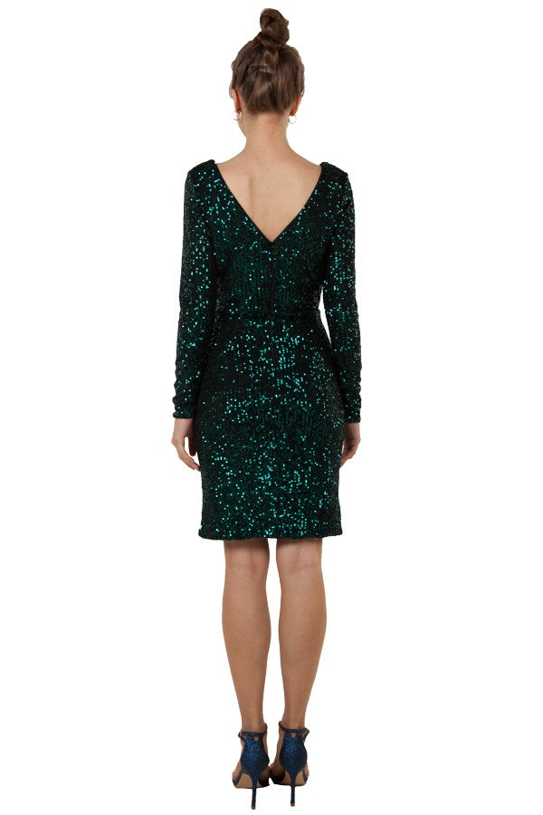 Miss Anne Sequin Sleeved Dress in Emerald