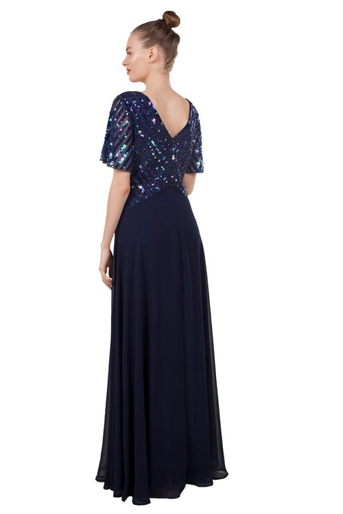 Miss Anne Sequin Bodice with Chiffon Skirt Gown in Navy and Green