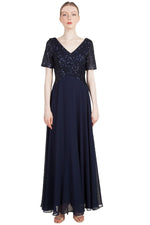 Miss Anne Sequin Bodice with Chiffon Skirt Gown in Navy