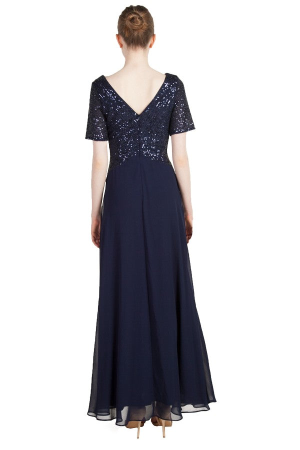 Miss Anne Sequin Bodice with Chiffon Skirt Gown in Navy