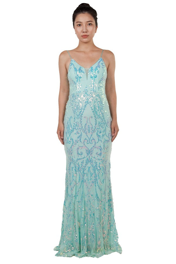 Anissa Spagetti Strap Sequin Gown in Mint 222278