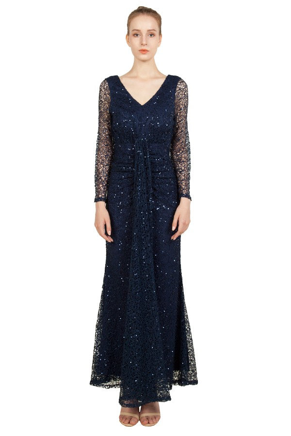 Anissa Sleeved Lace and Sequin Gown in Black or Navy