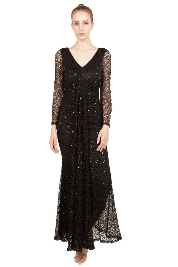 Anissa Sleeved Lace and Sequin Gown in Black or Navy