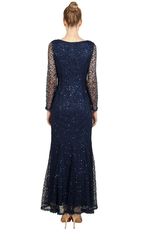 Anissa Sleeved Lace and Sequin Gown in Black or Navy