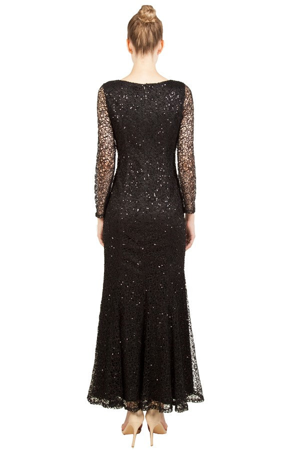 Anissa Sleeved Lace and Sequin Gown in Black or Navy