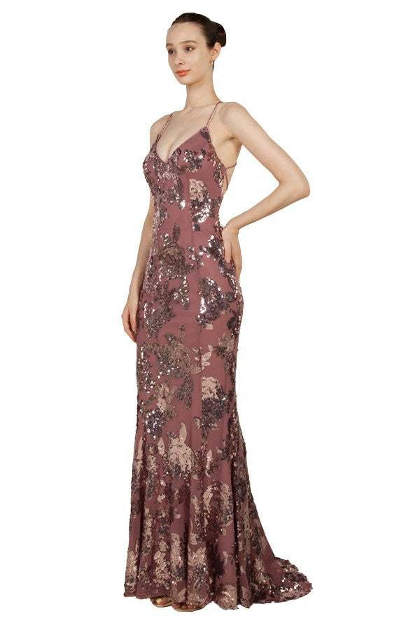 Anissa Floral Sequin with lace up back Gown in Mocha 223276
