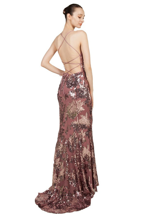 Anissa Floral Sequin with lace up back Gown in Mocha 223276