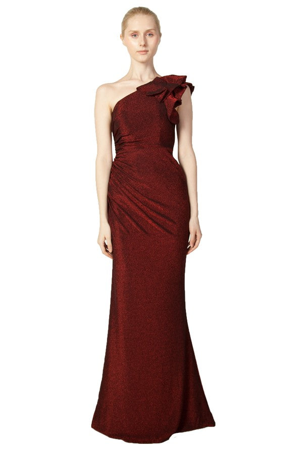 Anissa One Shoulder Gown in Navy, Red or Bronze