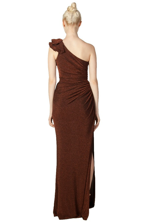 Anissa One Shoulder Gown in Navy, Red or Bronze