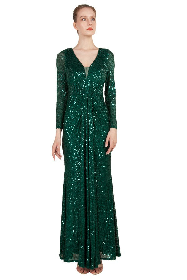Anissa Sequin Long Sleeve Gown in Emerald