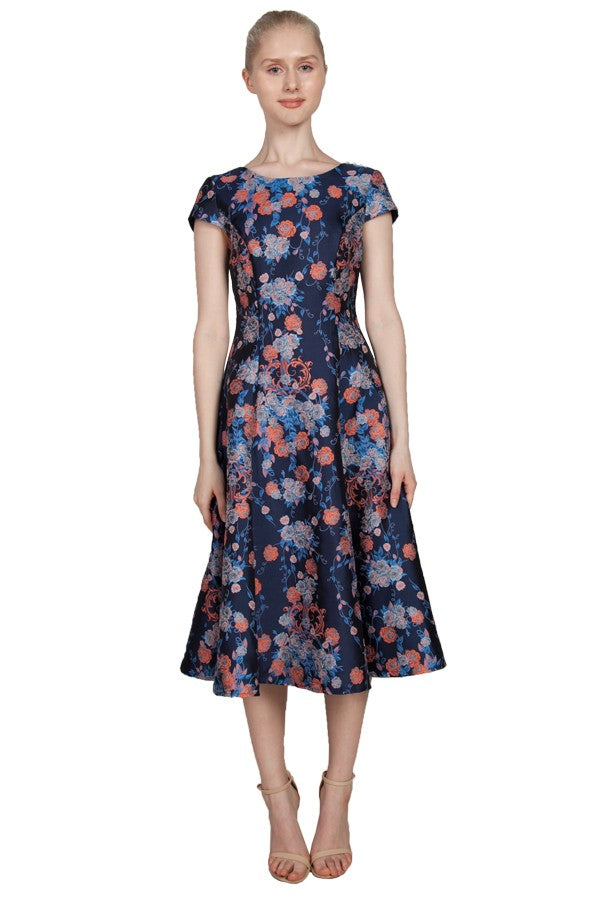 Miss Anne Jacquard Aline Floral Dress in Navy