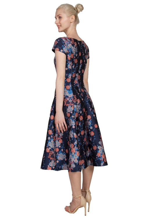 Miss Anne Jacquard Aline Floral Dress in Navy