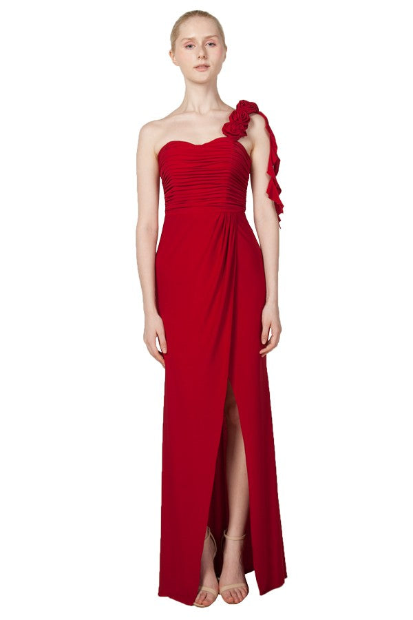 Anissa One Shoulder Gown with Floral feature in Red or Navy