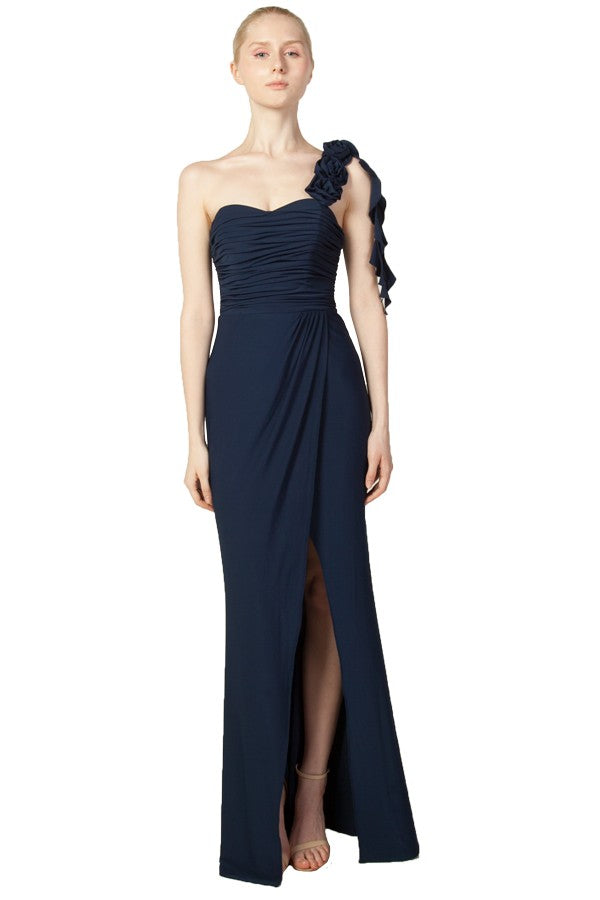 Anissa One Shoulder Gown with Floral feature in Red or Navy