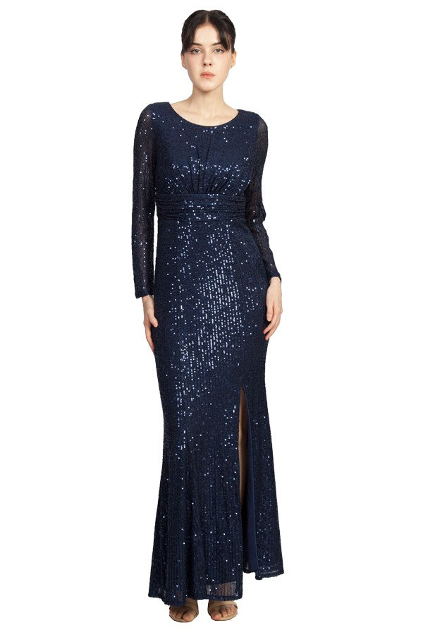 Anissa Sequin Sleeved Gown in Navy 224315