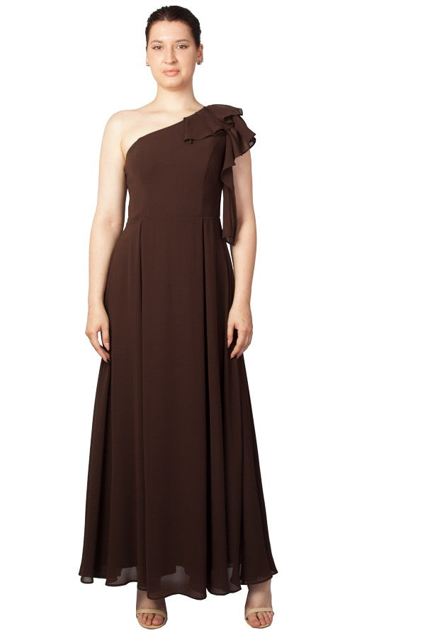 Miss Anne Floral One Shoulder Maxi Dress in Chocolate