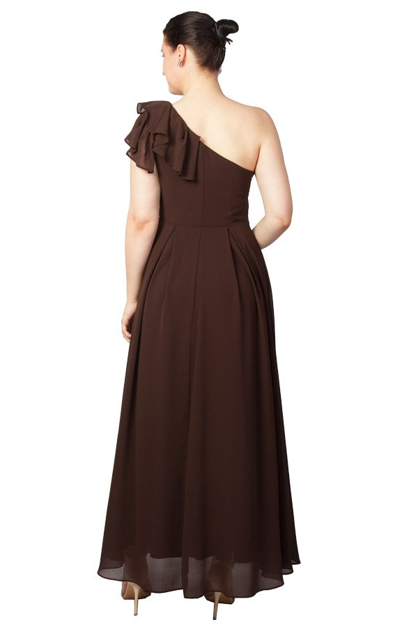 Miss Anne Floral One Shoulder Maxi Dress in Chocolate