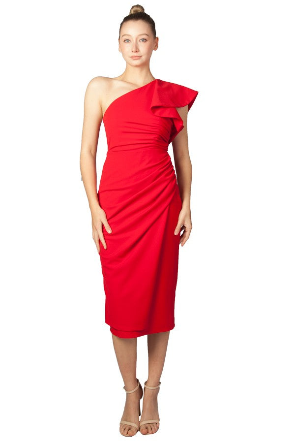 Miss Anne Valencia One Shoulder Midi Dress in Red