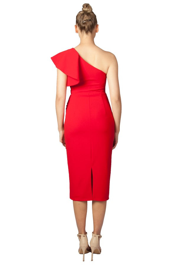 Miss Anne Valencia One Shoulder Midi Dress in Red