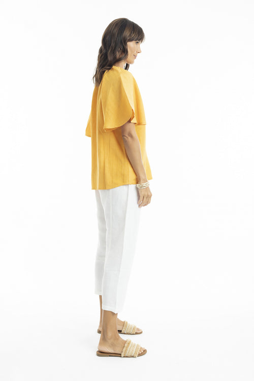 Escape Linen Chinese Collar Top in Mango