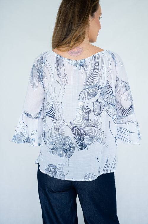 Willow Tree Off Shoulder Floral Print Top in Navy