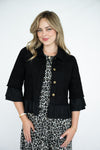 Jolie Saule Stretch Frill Trim Denim Jacket in Black