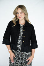 Jolie Saule Stretch Frill Trim Denim Jacket in Black