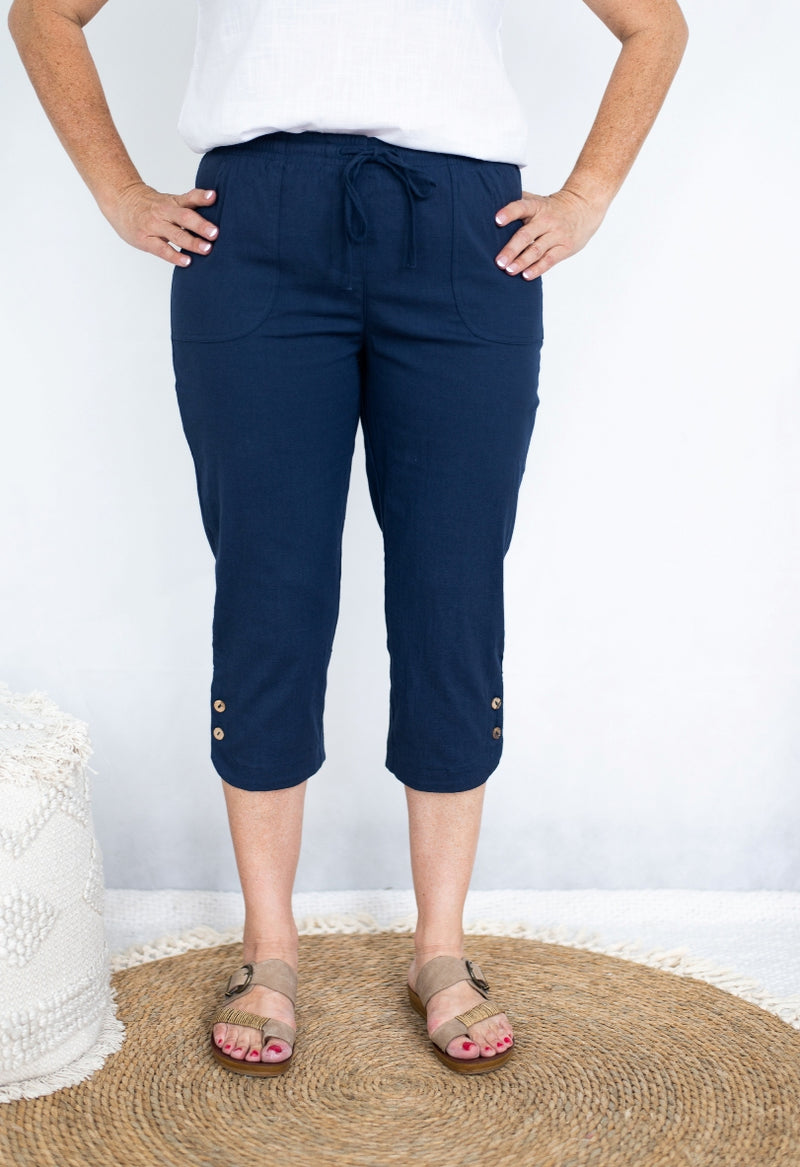 Willow Tree Button Detail Stretch Capri Pant in Navy