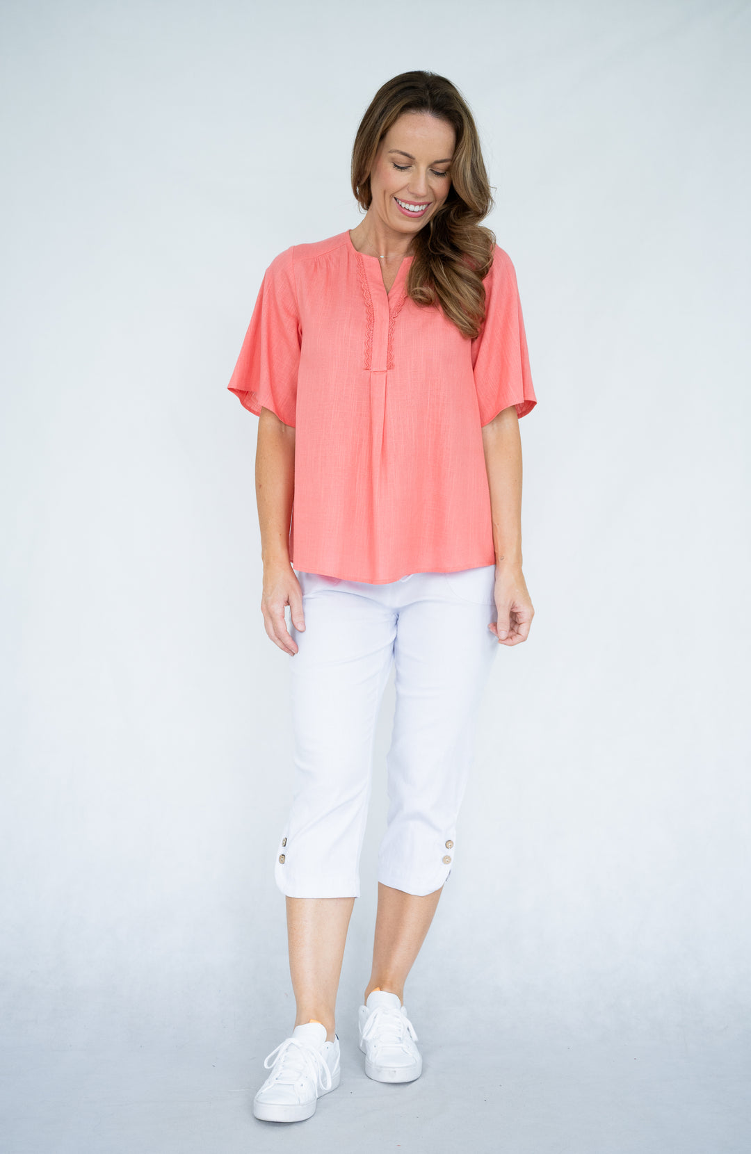 Willow Tree Button Detail Stretch Capri Pant in White