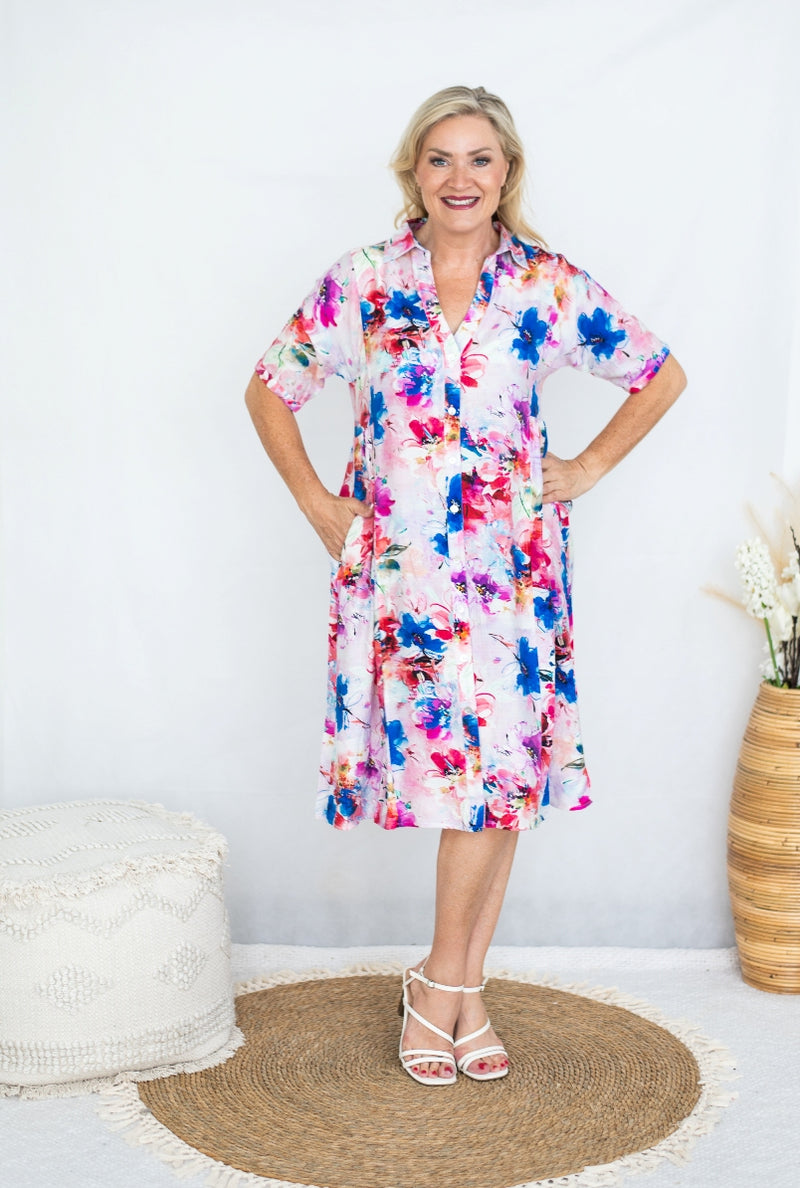 Jolie Saule Short Sleeve Shirt Dress in Pink FLoral