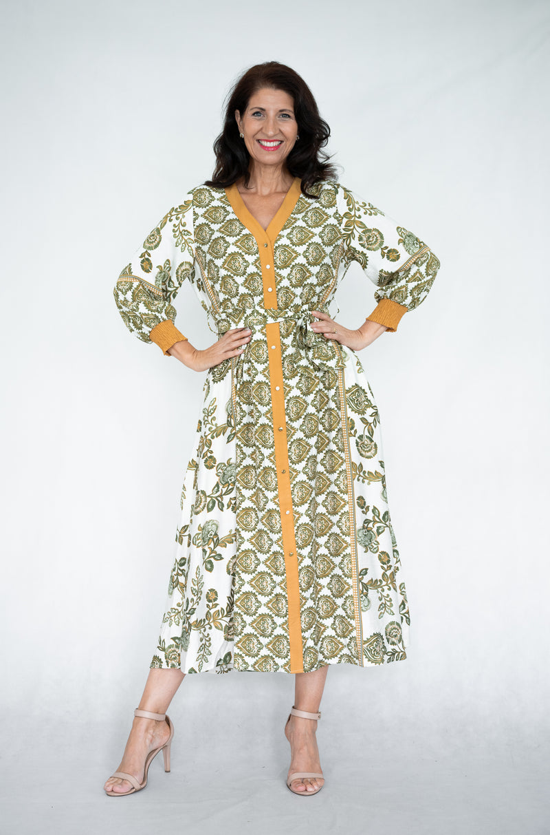 Jolie Saule Linen Blend Sage Print Maxi Dress