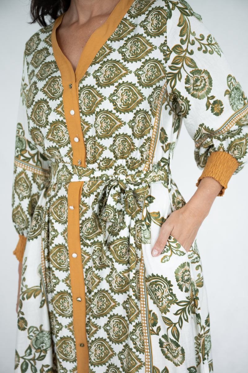 Jolie Saule Linen Blend Sage Print Maxi Dress