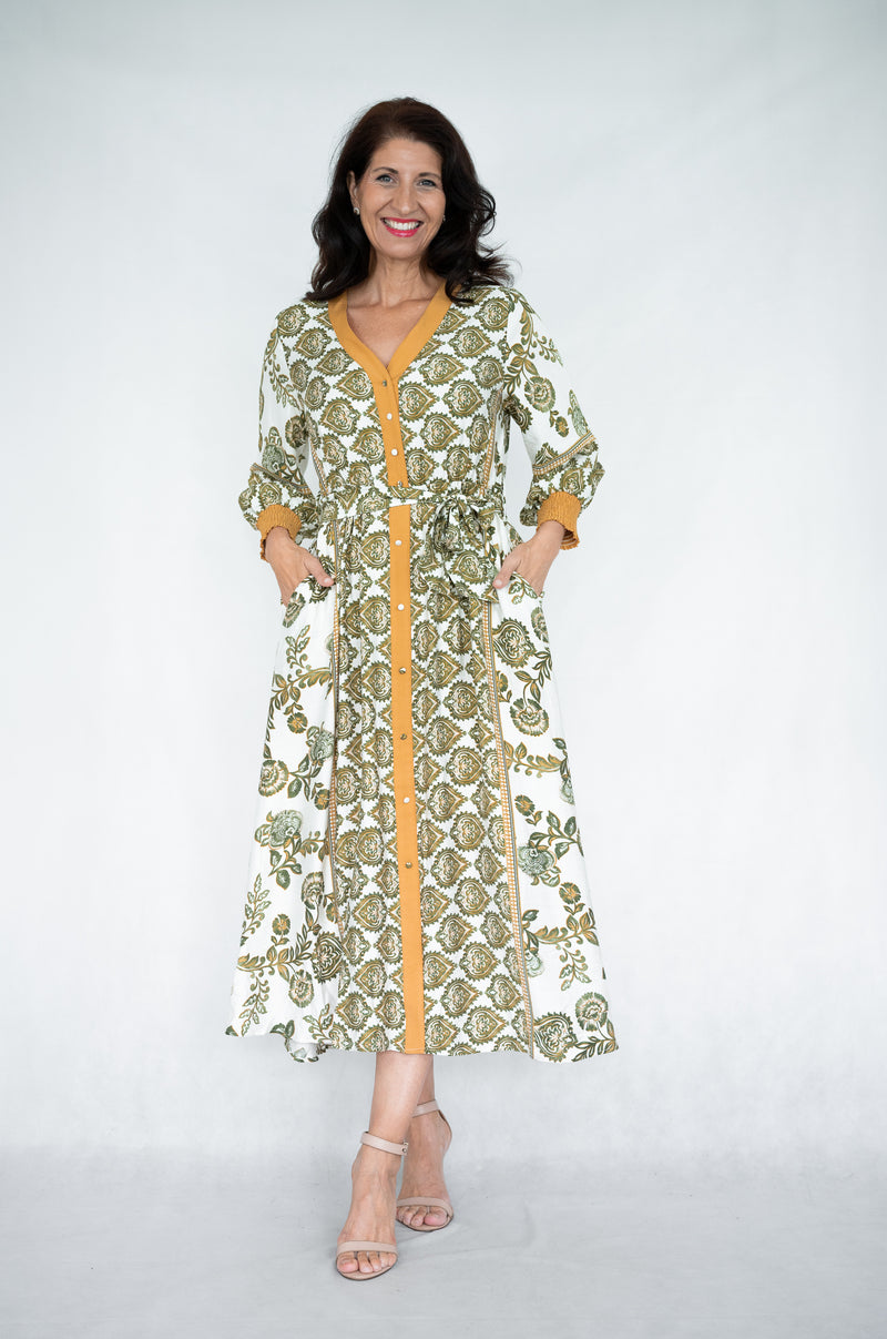 Jolie Saule Linen Blend Sage Print Maxi Dress