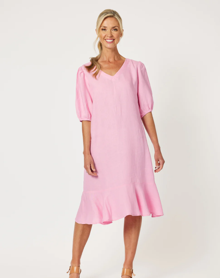 Gordon Smith Flute Hem Linen Midi Dress in Candy