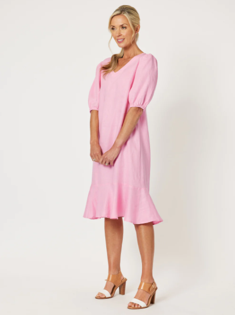 Gordon Smith Flute Hem Linen Midi Dress in Candy