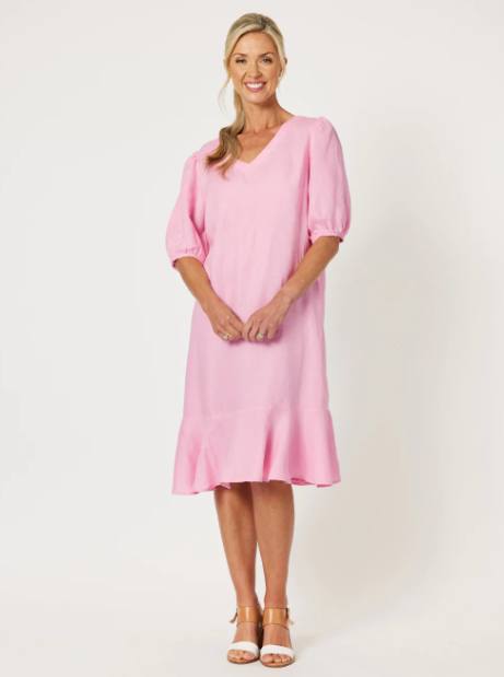 Gordon Smith Flute Hem Linen Midi Dress in Candy