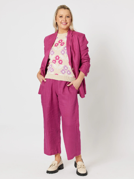 Gordon Smith Jersey Wasit Linen Wide Leg Pant in Magenta
