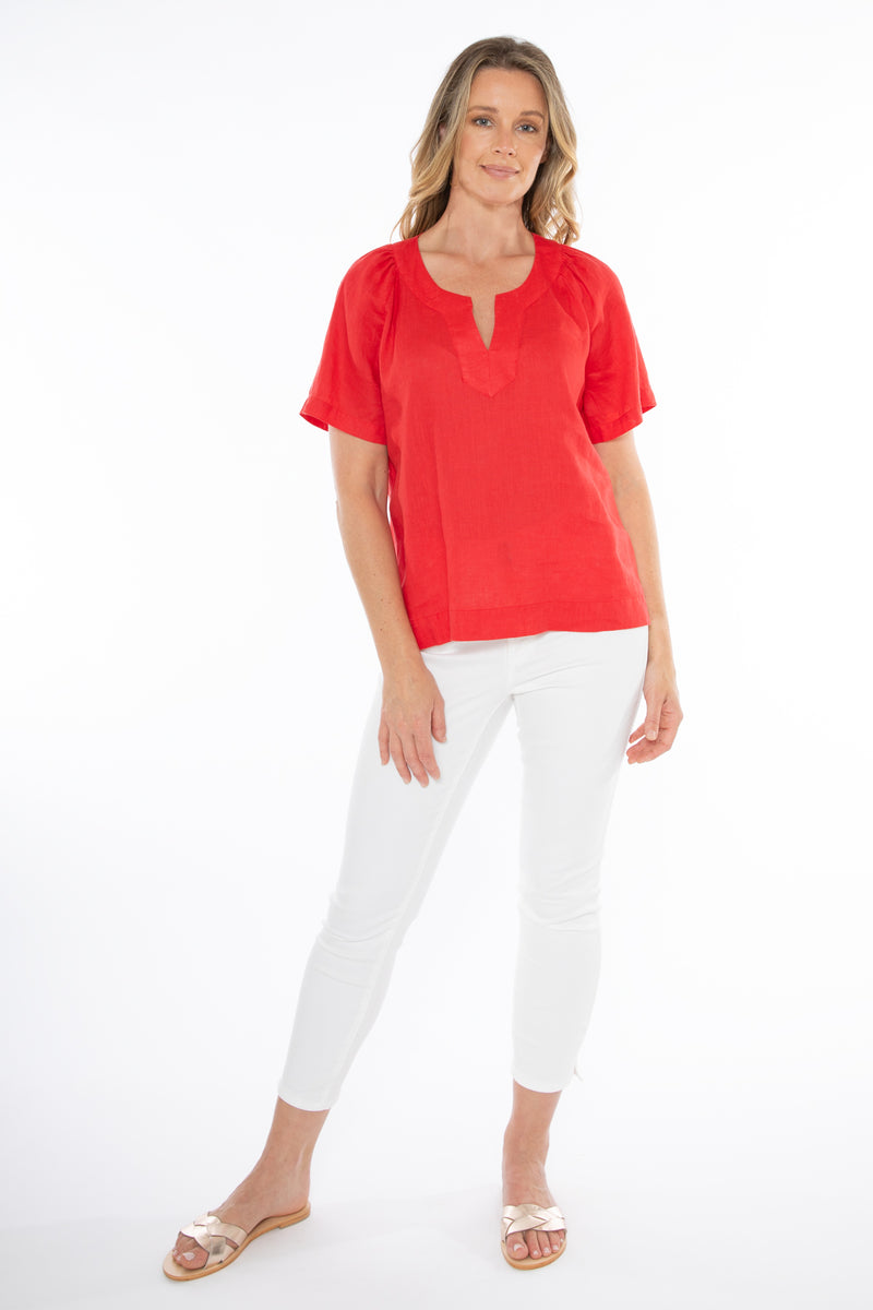 Jump V Neckline Short Sleeve Linen Top in Poppy