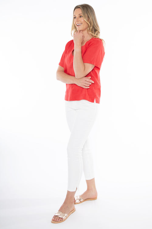 Jump V Neckline Short Sleeve Linen Top in Poppy